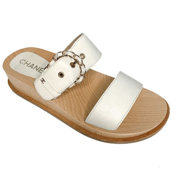 Chanel Interlocking CC Logo Slip On Slide Sandals EU 39 White Gold Chain Mules - Picture 1 of 11